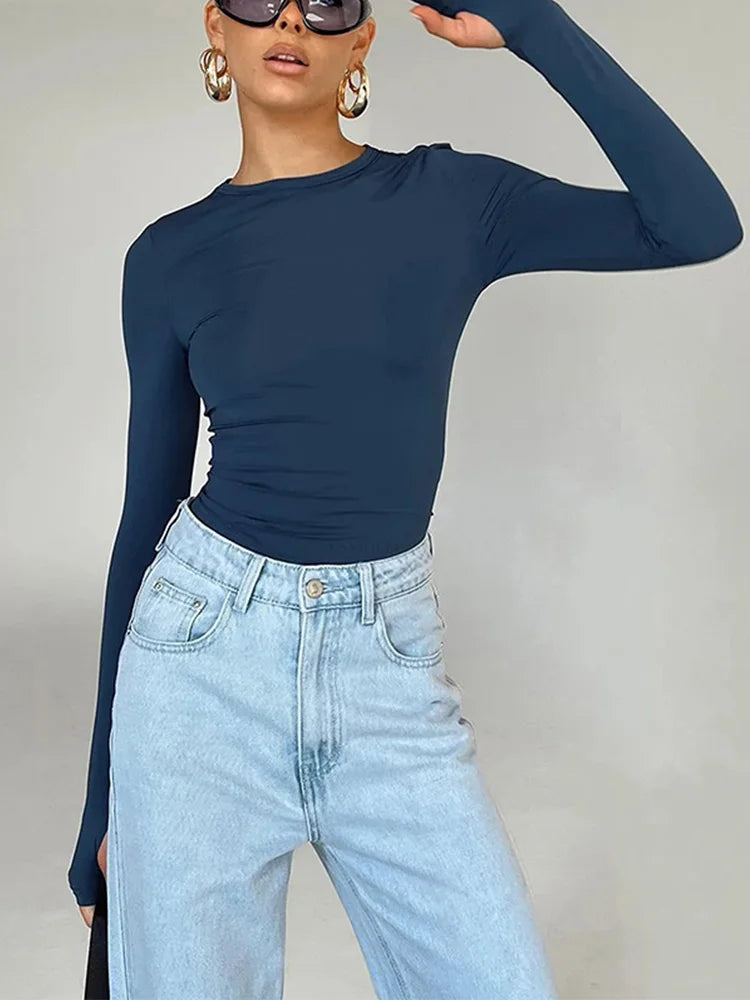 Modisches Damen-T-Shirt mit langen Ärmeln, Rundhalsausschnitt, solides Slim-Fit-Damen-Crop-Top mit Daumenlöchern für den täglichen Streetwear-Sommer-Camis