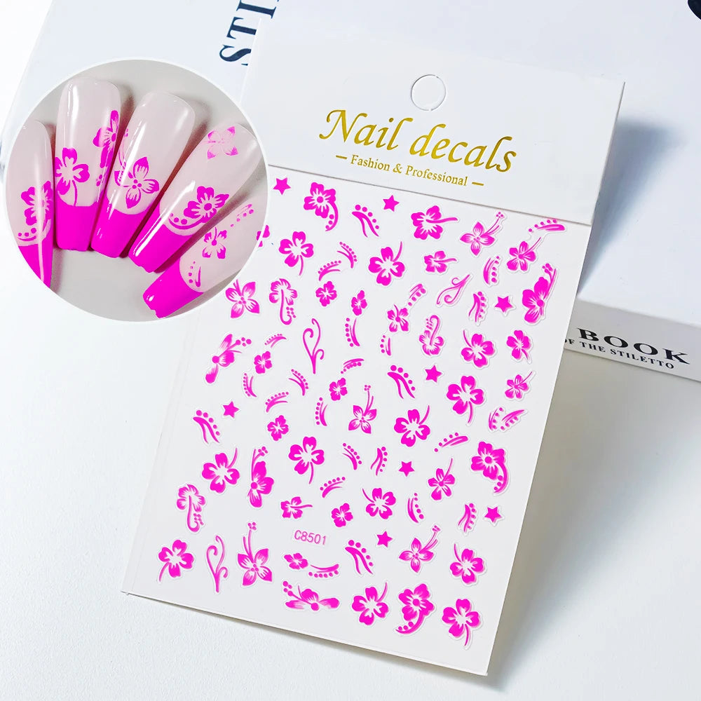 1 Stück 3D weiße Hibiskusblüten-Nagelkunst-Aufkleber, 8 Farben, hohle Blütenblätter, Blumen-Nagelaufkleber, exquisiter Gold-/Silber-/Schwarz-Blumenschieber