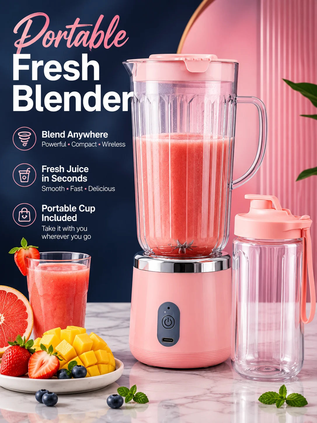 Kompakter 20cm Mini-Standmixer, 800ml großes Fassungsvermögen, USB-Ladefunktion, 304 Edelstahlklinge, Smoothie-Entsafter-Becher, leicht zu reinigen