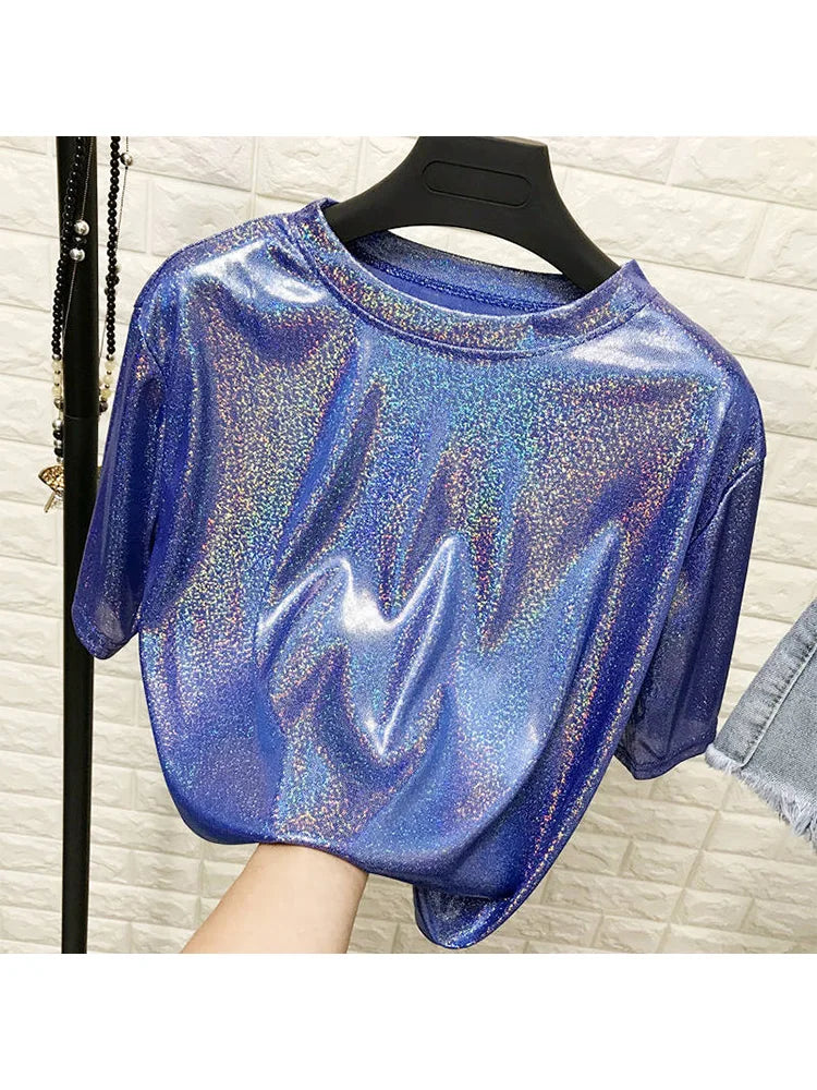 Neue sommer retro stilvolle helle seide frau tops glänzend lose kurzarm t-shirt sexy club ästhetischen harajuku frauen t-shirt