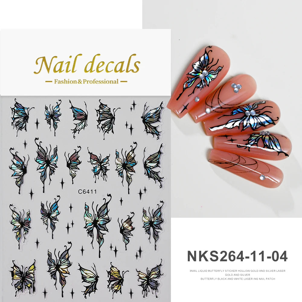 5D Glänzende Schillernde Glitzer-Schmetterling Nagelaufkleber Holographische Katzenauge-Schmetterlinge Nagelsticker Selbstklebende Nageldekoration*1Stk