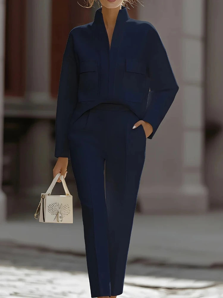 2026 Frühling Urban Commute Neuer Stil Modisch Elegant Vielseitig Langarm Revers Taschen Lässiger Anzug Blazer Damen Anzug-Set