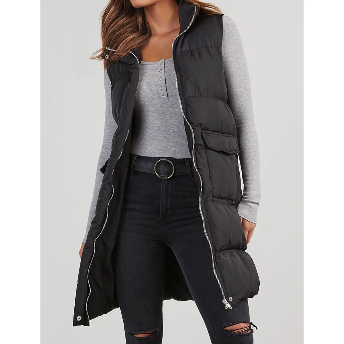 Lang mit Kapuze, Outdoor-Weste, Daunenjacke für Damen, gesteppter Mantel, ärmellose Jacke, leichte Winterpullover