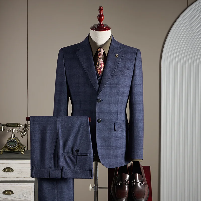 Hochwertiges, Modisches und Stilvolles Hochzeits-Casual-Karo-Anzug-Set, Herren Business-Casual-Anzug Dreiteiliges Set