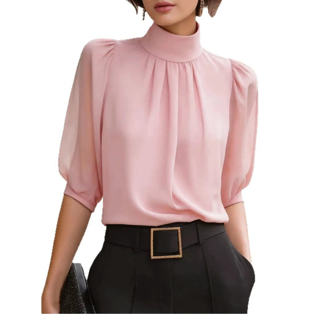 Hochgeschlossene Chiffon-Bluse mit geraffter Vorderseite und Puffärmeln, elegantes Büro- und Pendler-Outfit, locker sitzendes Damen-Oberteil