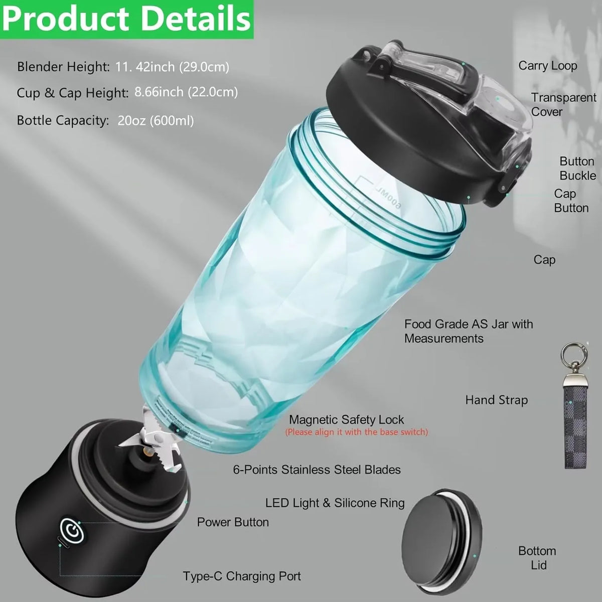 600 ml tragbarer Mini-Mixer, wiederaufladbarer kleiner Smoothie-Mixer über USB, Reise-Mixer mit großer Kapazität, tragbare Smoothies, Mischung aus Eis