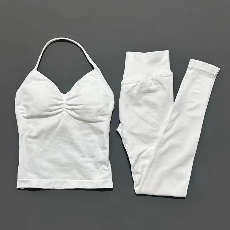 HISTELLO Gym-Leggings-Set, 2-teilig, für Damen, Yoga, lang, mit Trägern, nahtlos, Fitness-Kleidung, Laufen, Workout, Sport-Tops, Outfit