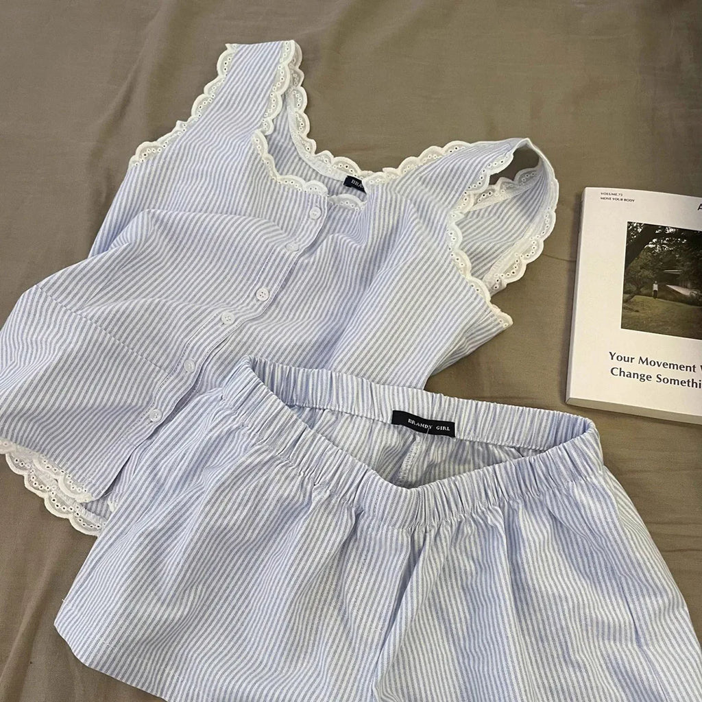 Gestreifte Damen-Pyjamas, Sommer-Nachtwäsche, ärmellose Shorts-Sets, 2-teilig, Spitzen-Nachtwäsche, Tank-Top, koreanischer Schlafanzug für zu Hause