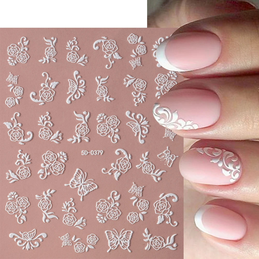 1 Stück 5D geprägte weiße Spitze Blume Nail Art Aufkleber Acryl Blumen Blatt Schmetterling Charme selbstklebende Schieber 10 * 8 cm Maniküre Aufkleber