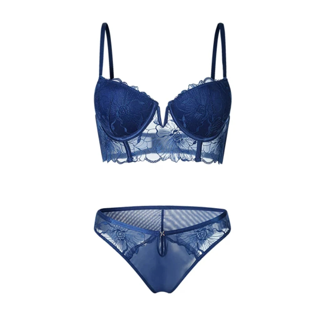 Elegantes Blumenmuster Durchsichtiges Spitzen-Lingerie-Set Damen Bügel-BH mit Langer Wirkung und Slip Hochzeitsnacht Unterwäsche