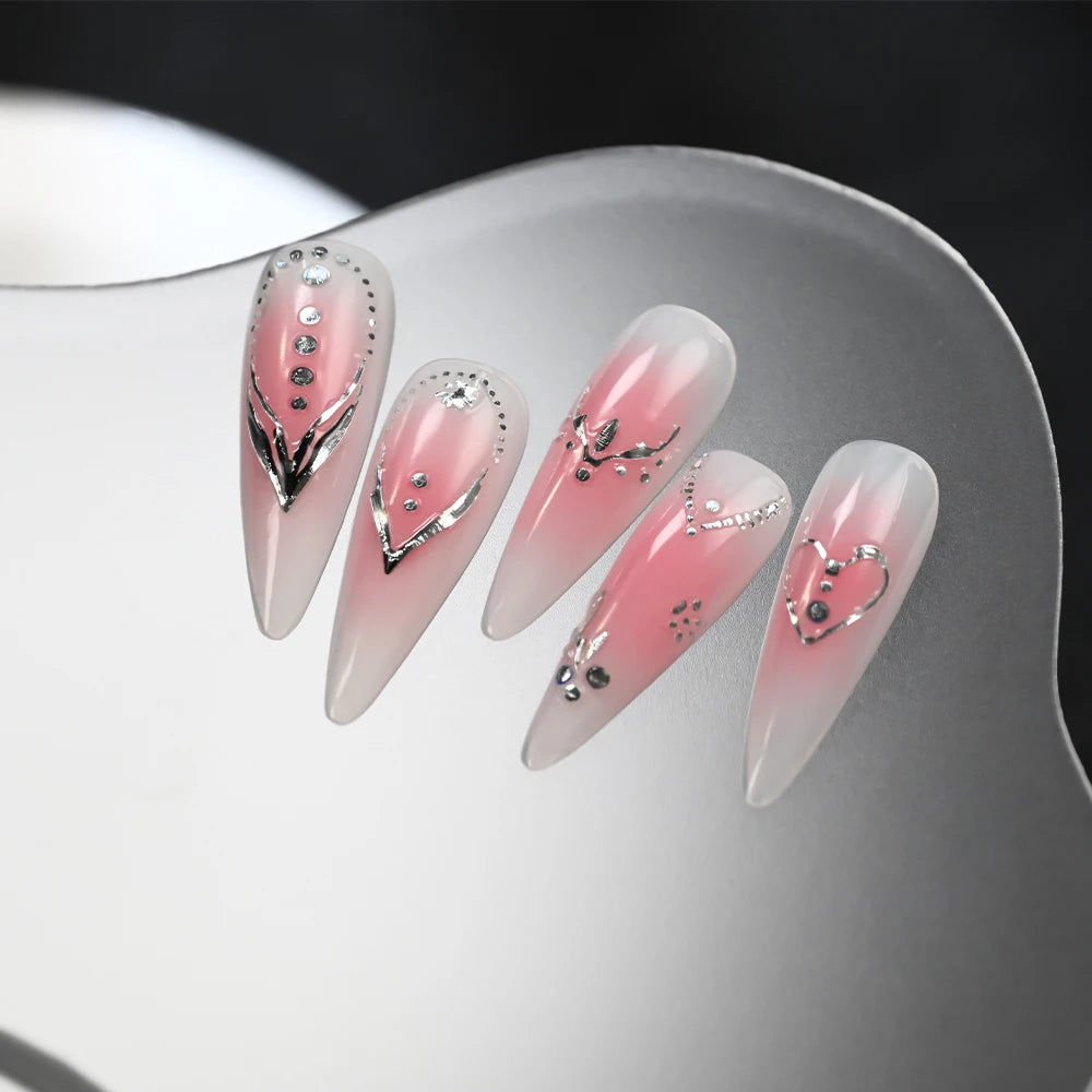 5D Laser French Silver Nagelaufkleber mit glänzenden Diamanten, Herz-/V-förmige Laser-Nagelkunst-Sticker, selbstklebende Maniküre-Dekoration