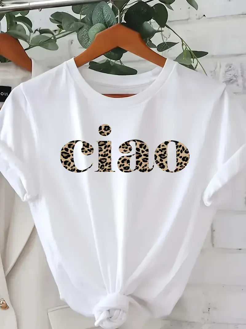 Brief Ciao Leopard Herzschlag Kurzarm Print Kleidung Damen T-Shirt Harajuku Grafik Kleidung Damen Top T-Shirt
