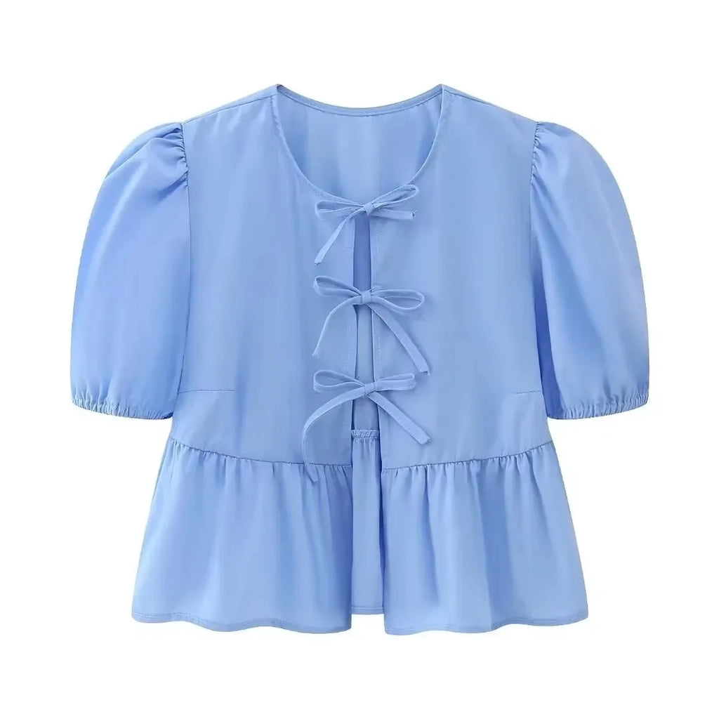 Elegante Damen-Bluse mit Kurzen Puffärmeln und Schleife, Lässiges Mode-Wochenend-Shirt, High-Street-Hemd, Party- und Strand-Oberteil, Schlanker Schnitt