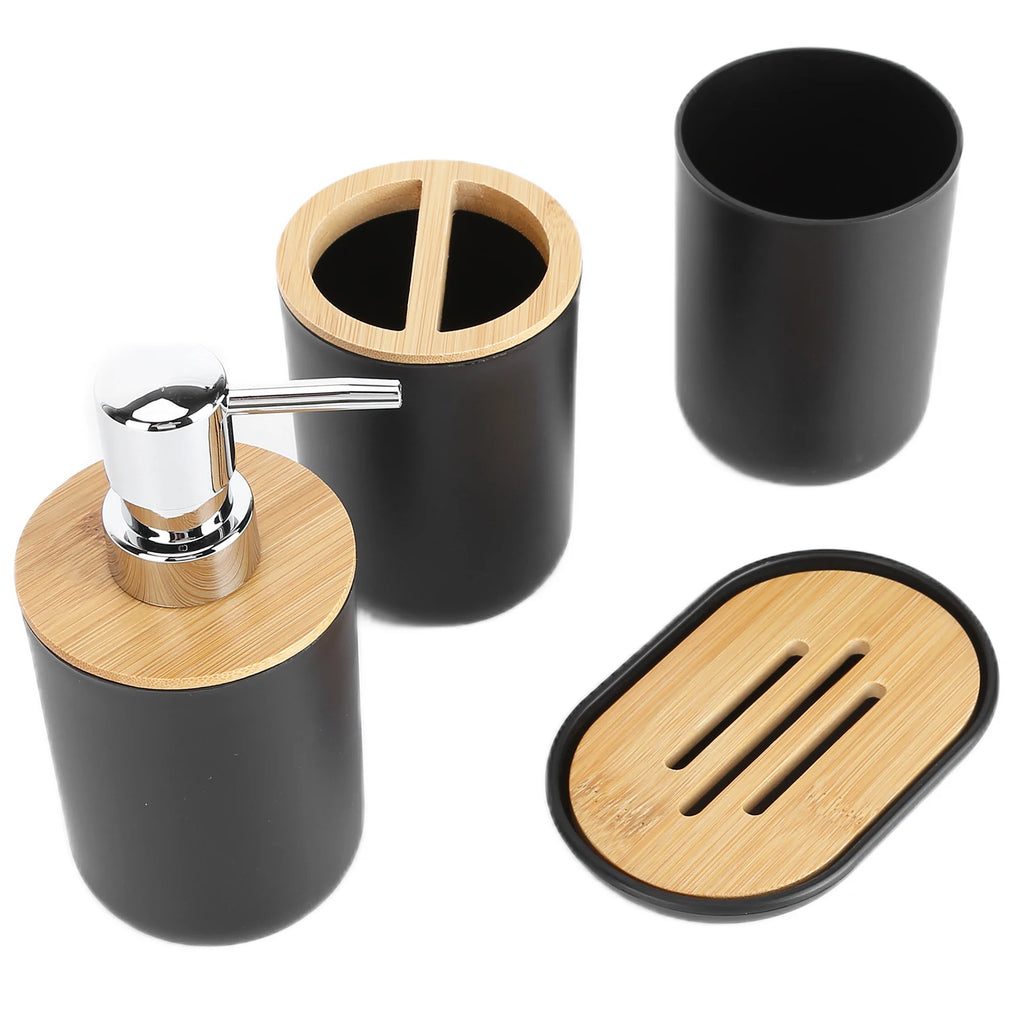 4 Teile/satz Badezimmer Zubehör Set Bambus Wasserdicht Spender Zahnbürste Halter Tablett Tumbler Tasse Seifenschale für Home Hotel
