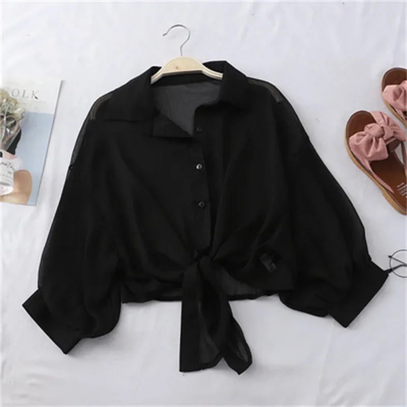 Chiffon-Hemden für Damen, 2022, Sommer, halbe Ärmel, geknöpftes Hemd, lockere lässige Bluse, Krawatte, Taille, elegante Blusen für Damen