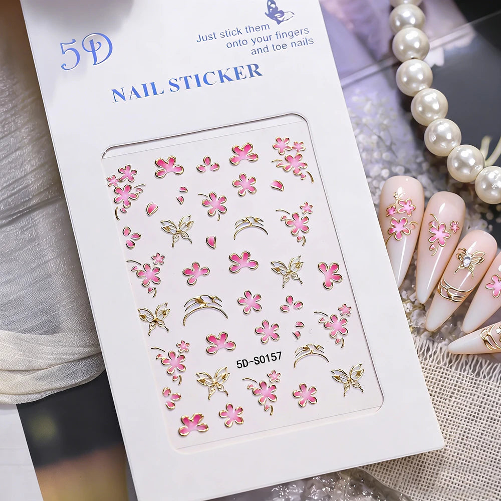 5D Luxus Gold Outline Kirschblüten Nagelaufkleber Chrom-Rahmen Schleife & Blüten Nagelsticker Selbstklebende Nagelschleifer Maniküre DIY