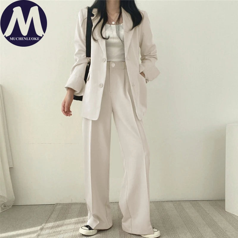 Koreanisches Damenmode-Zweiteiler-Set, Langarm-Blazer und weit geschnittene Hose, Büro, Freizeit, lockerer Schnitt, Frühling, Herbst, neuer Stil