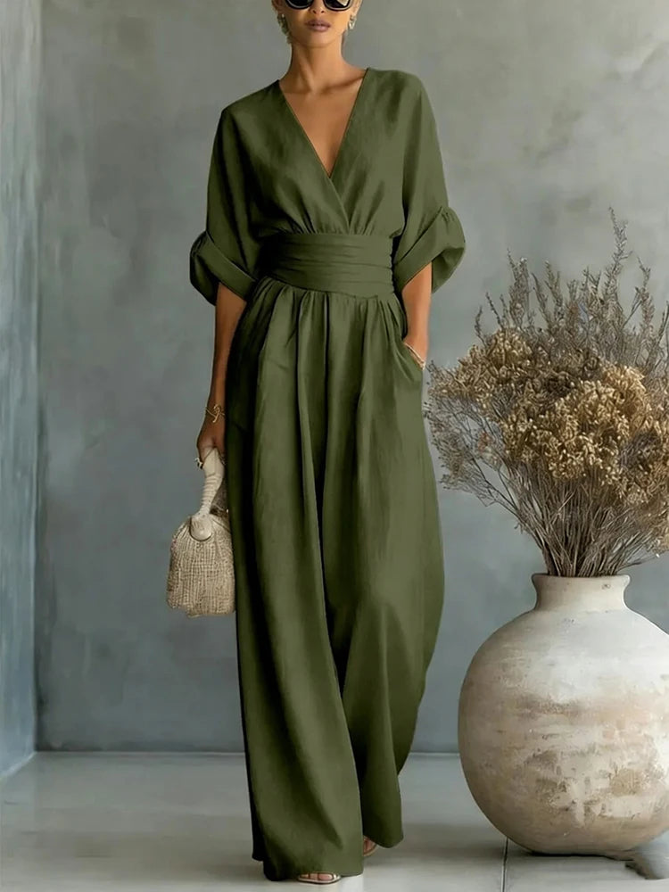 Elegante Damen-Jumpsuits mit hoher Taille, Sommer-Kurzarm-Overalls mit weitem Bein, lässige V-Ausschnitt-Jumpsuits in Unifarben, lockere Streetwear