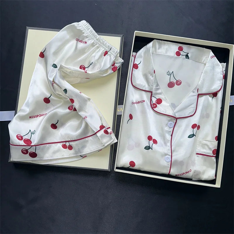 Zweiteiliges Pyjama-Set mit Kirschdruck, Sommer-Pyjama mit künstlichem Fleck, modische Heimkleidung, lässige Damen-Shorts und Top-Set, Pyjama