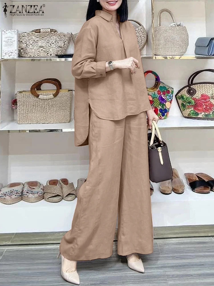 ZANZEA Frühling 2 stücke Outfits Frauen Hosen Anzüge Langarm Bluse Hose Sets Solide Arbeit Trainingsanzug Beiläufige Lose Passenden Set 2025