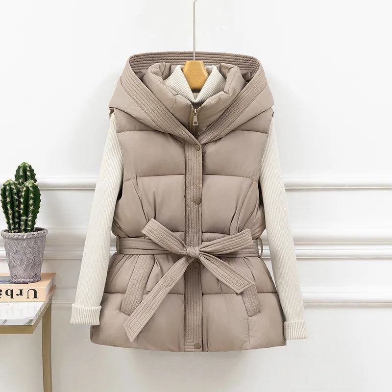 Gesteppte Pufferweste für Damen, verdickt, warm, Winter-Kapuzenmantel, einfarbig, ärmellos, gepolstert, Oberbekleidung, abgeschnittener Mantel mit Knopf und Reißverschluss