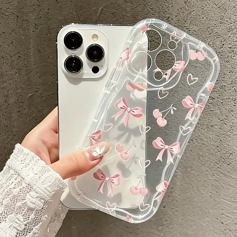 Rosa Kirschblüten-Schleifenmuster Wellenrand-Handyhülle für iPhone 17 Pro Max 16 15 14 Plus 13 12 11 Pro Max 16e 17e Transparente Hülle