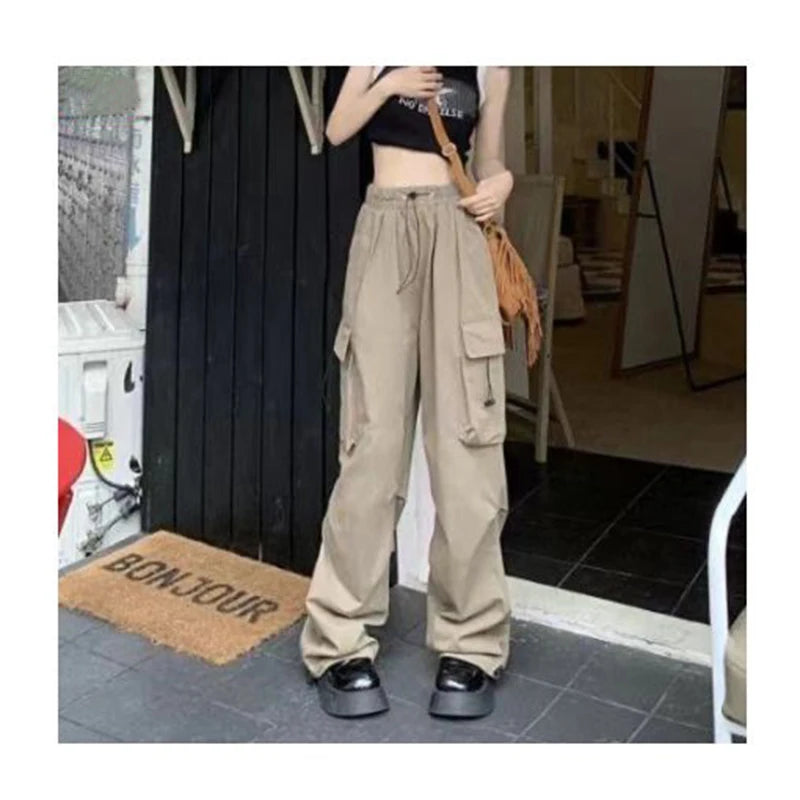 Große Größe Weibliche High Street Cargo Hosen Dame Baggy Hohe Taille Gerade Bein Hosen Mädchen Klassische Mode Kordelzug Hosen
