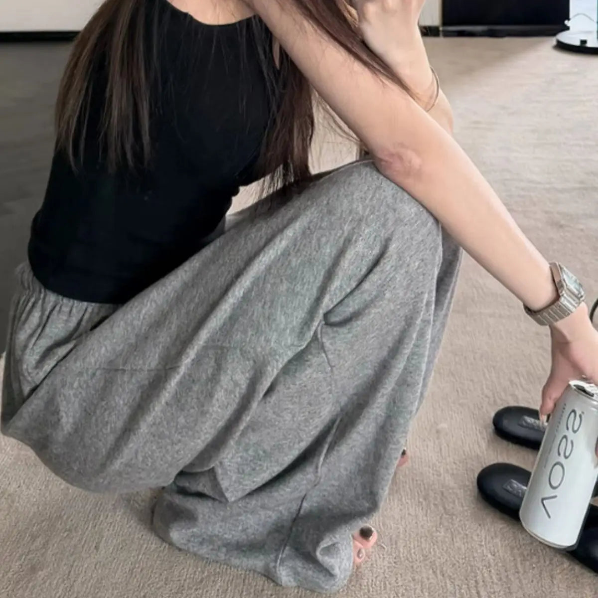 Damen Casual Weite Hose Einfarbig Modisch Elastischer Bund Kordelzug Jogginghose Amerikanische Sweatpants Street Koreanische Hose