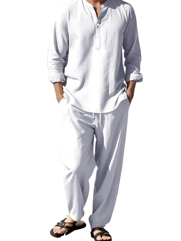2-teiliges Hemd-Hosen-Set, langärmeliges Henry-Hemd, Hosenanzug, Sinn für Textur, Urlaub, leicht, atmungsaktiv, drapiert, Herrenbekleidung