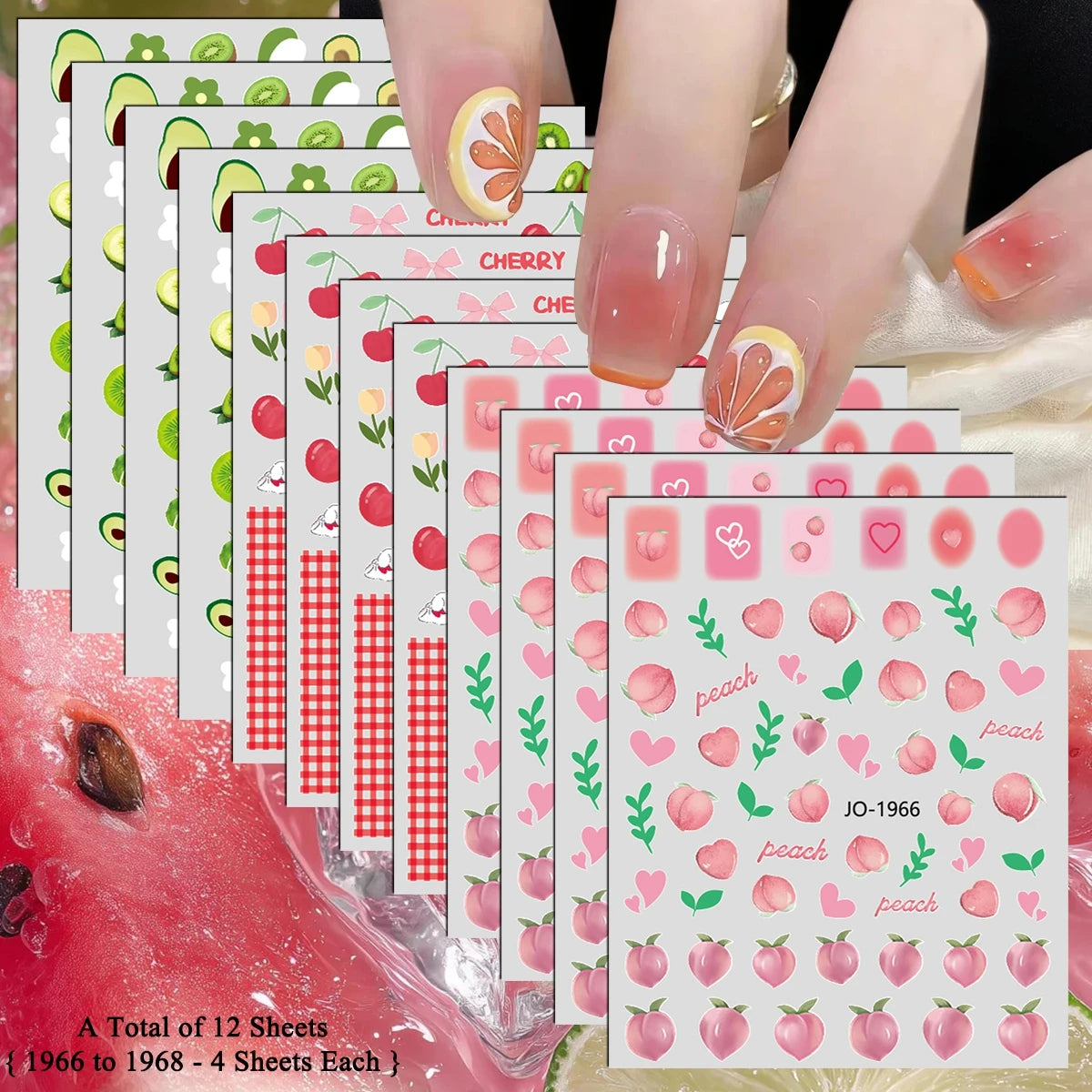3 bis 12 Blatt 3D-Frucht-Nagelaufkleber Zitrusfrüchte Erdbeere Wassermelone Kirsche Avocado Abziehbilder Selbstklebende Sommer-French-Nagelkunst