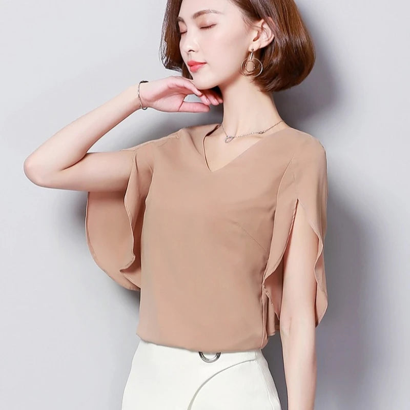 Sommer Damen Chiffon Bluse mit Lotusblatt-Ärmeln