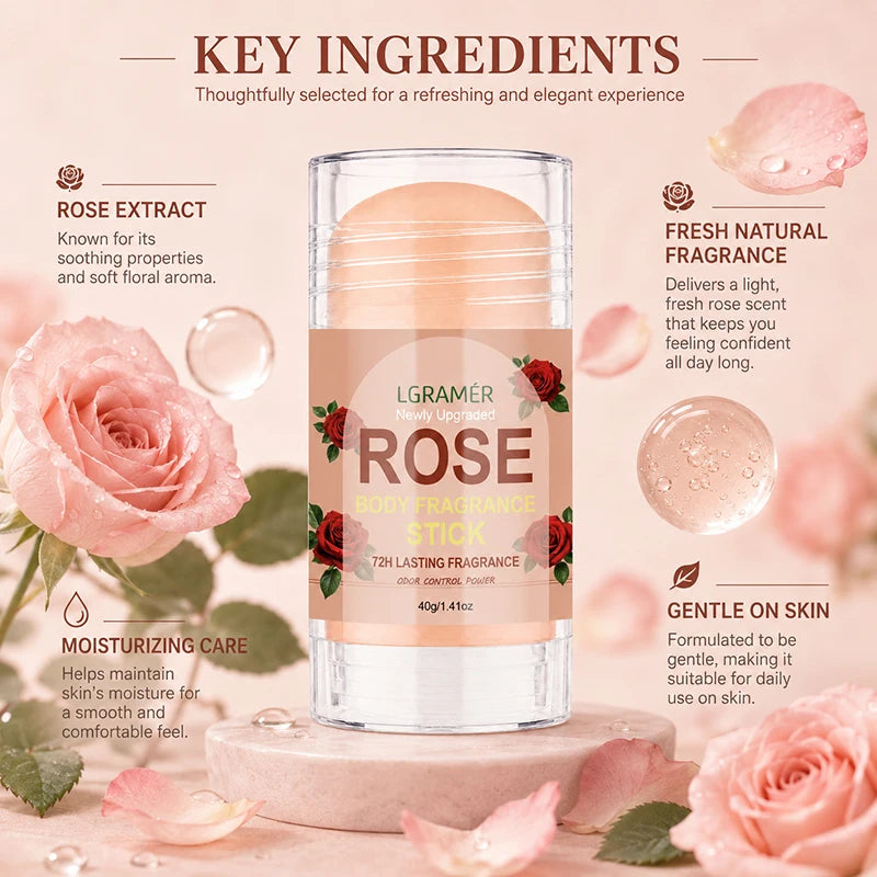 Rosen-Duft Deodorant Stick 72H Langanhaltender Duft Natürliche Pflanzenformel Glatter Nicht-Klebriger Geruchskontrollierender Körperbalsam für Täglichen Gebrauch