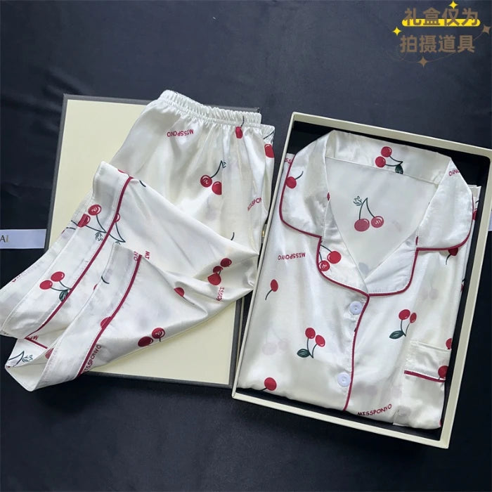 Zweiteiliges Pyjama-Set mit Kirschdruck, Sommer-Pyjama mit künstlichem Fleck, modische Heimkleidung, lässige Damen-Shorts und Top-Set, Pyjama
