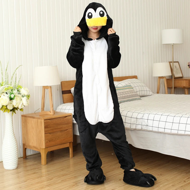 Frauen Cartoon Onesies Tier Pyjamas Kigurumi Schwarz Pinguin Onesie Für Erwachsene Langarm Pyjamas Halloween Cosplay Kostüme