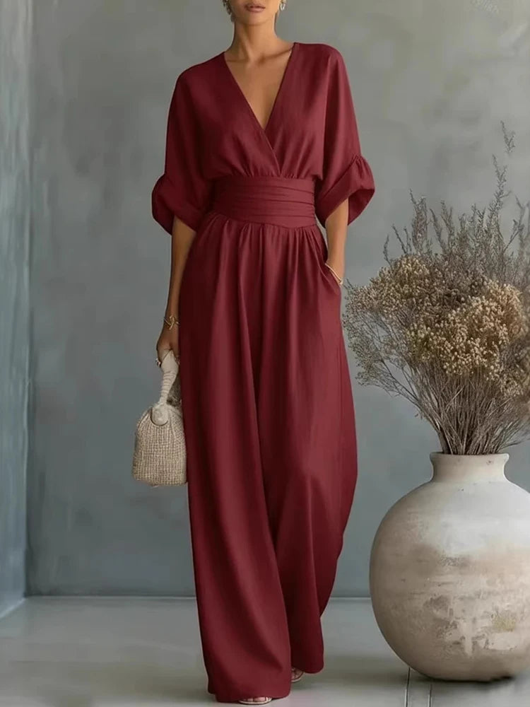 Elegante Damen-Jumpsuits mit hoher Taille, Sommer-Kurzarm-Overalls mit weitem Bein, lässige V-Ausschnitt-Jumpsuits in Unifarben, lockere Streetwear