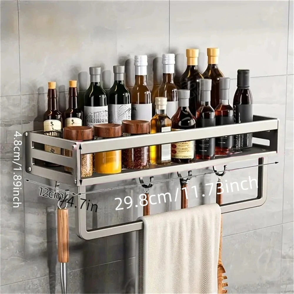 Wandmontiertes Gewürzregal aus Aluminium, multifunktionales Gegenstandsregal, Küchenutensilien, Haken, Aufbewahrungsregal für Küchengewürze