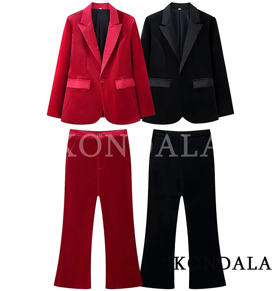 KONDALA Damen Büro-Samt-Slim-Blazer-Set Revers V-Ausschnitt Slim-Blazer mit Taschen Hose Neue Mode 2026 Frühling Herbst Elegantes Set