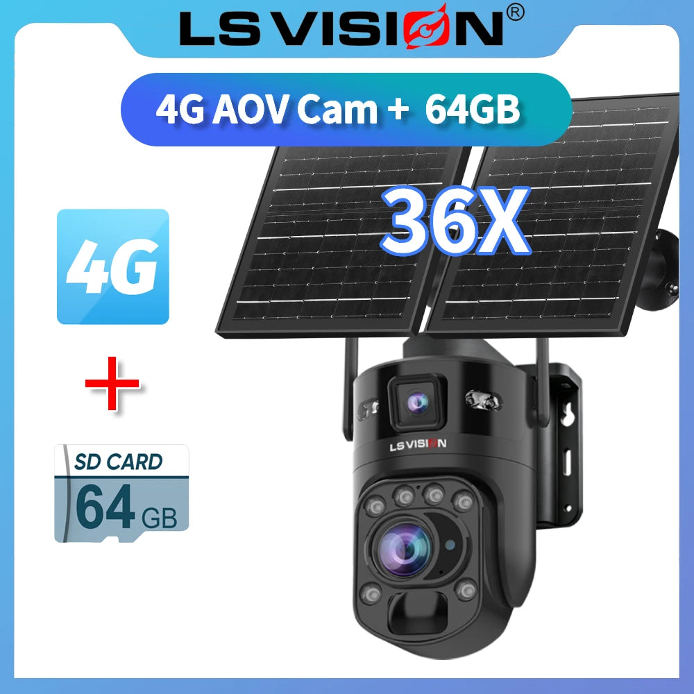 LS VISION 36X Optischer Zoom Außen-Solarkamera WiFi/4G 24/7 Videoaufzeichnung Doppelbildschirme AOV & PIR WLAN-Sicherheitskamera CCTV IP66