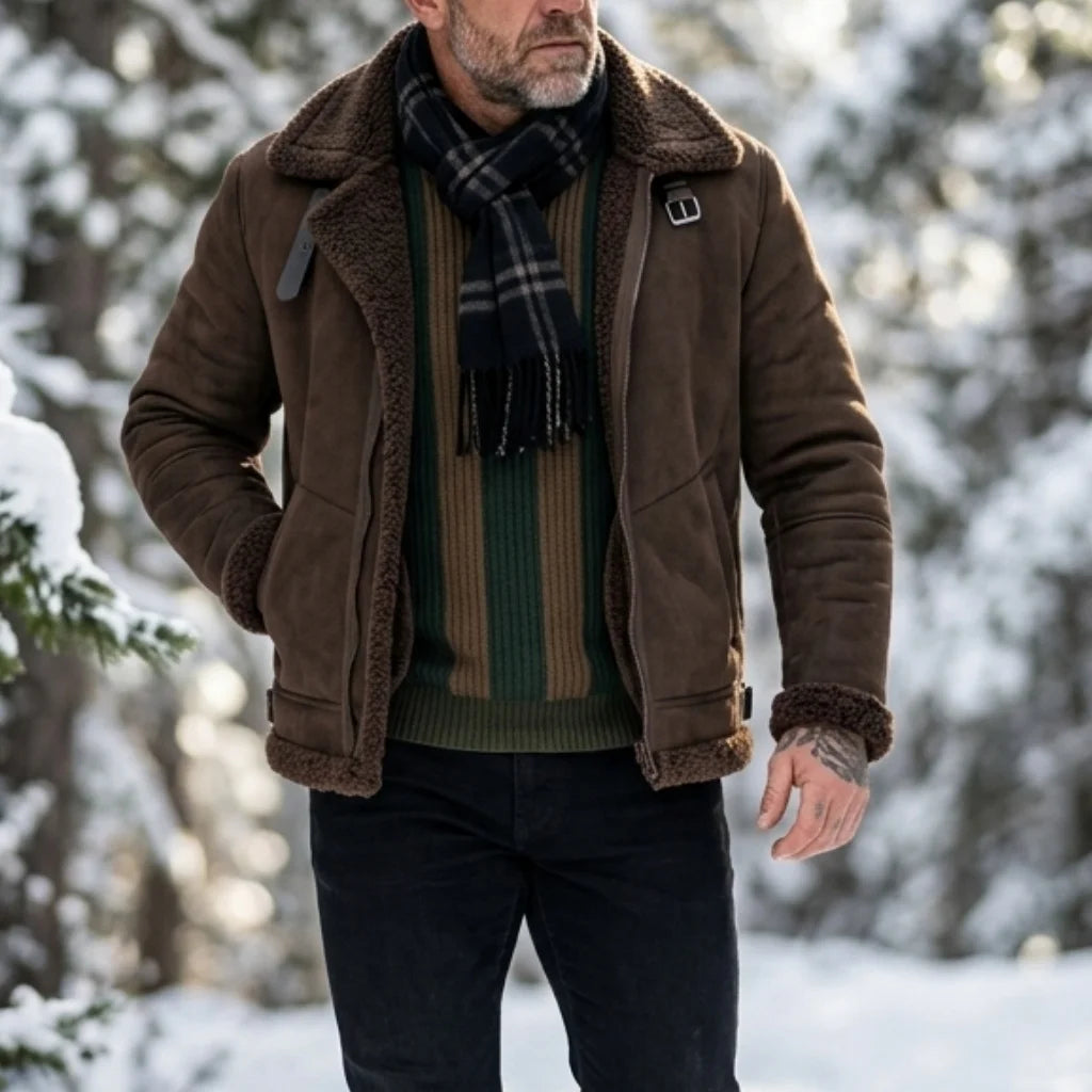 Herren-Winterjacke aus Kunstwildleder mit Fellkragen |   Winddichter Streetwear-Mantel mit Gürtel und Reißverschluss |   Dicke, warme Wanderkleidung für den Außenbereich, weich, für Herren