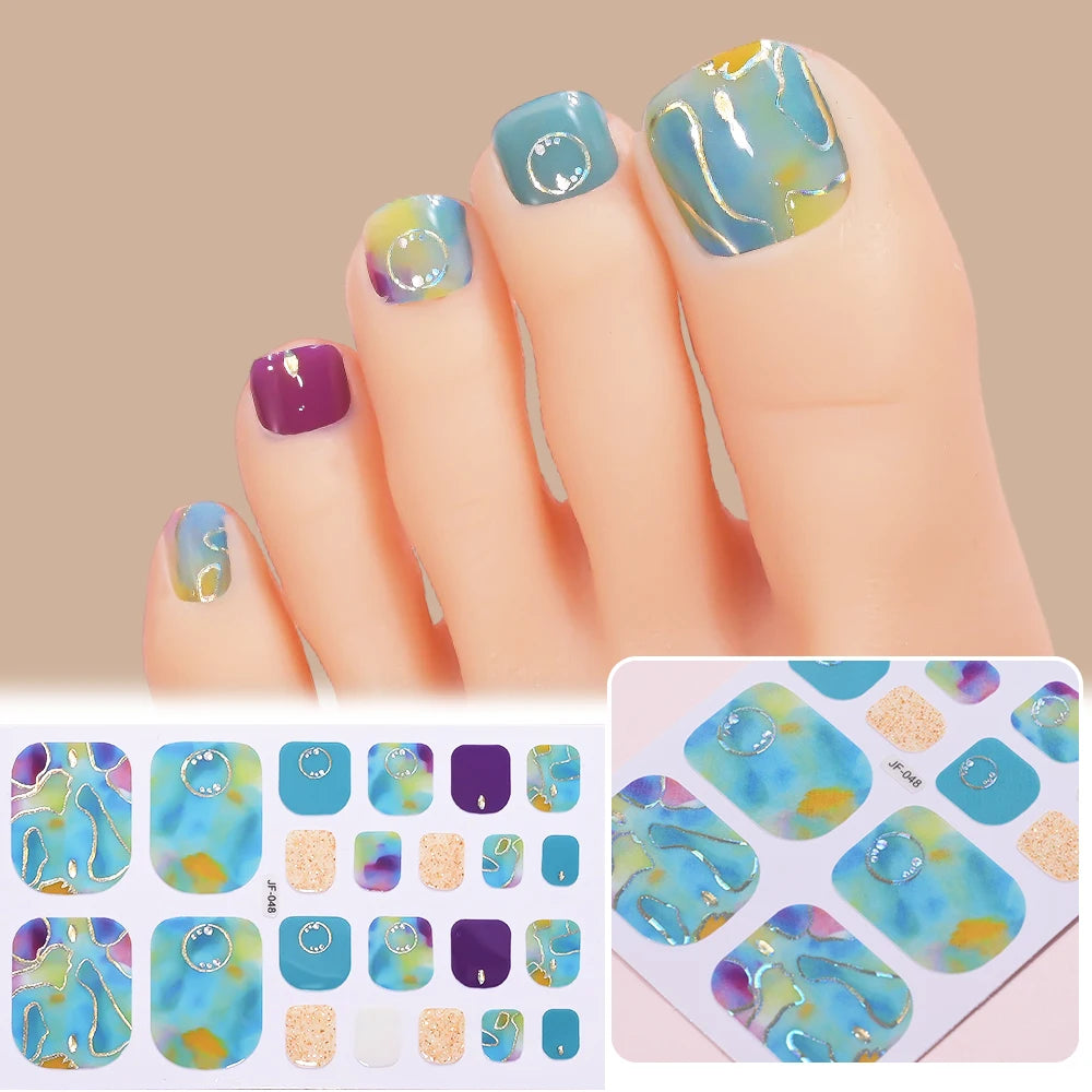 22 Tipps goldene Glitzer-Nagelaufkleber für Füße, 5 Farben, 11 Größen, vollständige Abdeckung, Fußkunst-Aufkleber, einfach zu erreichen, Zehen-Maniküre-Dekoration
