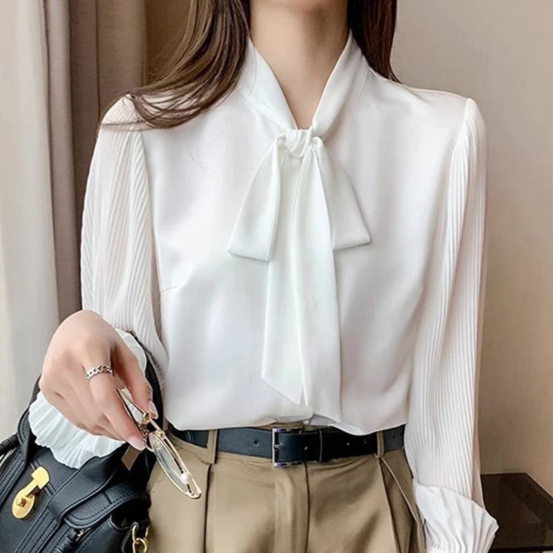 Neue Plissee Ärmel Chiffon Bluse Frauen Frühling Sommer Chic Design Bowknot Spitze-Up Langarm-shirt Einfache Professionelle Kleidung