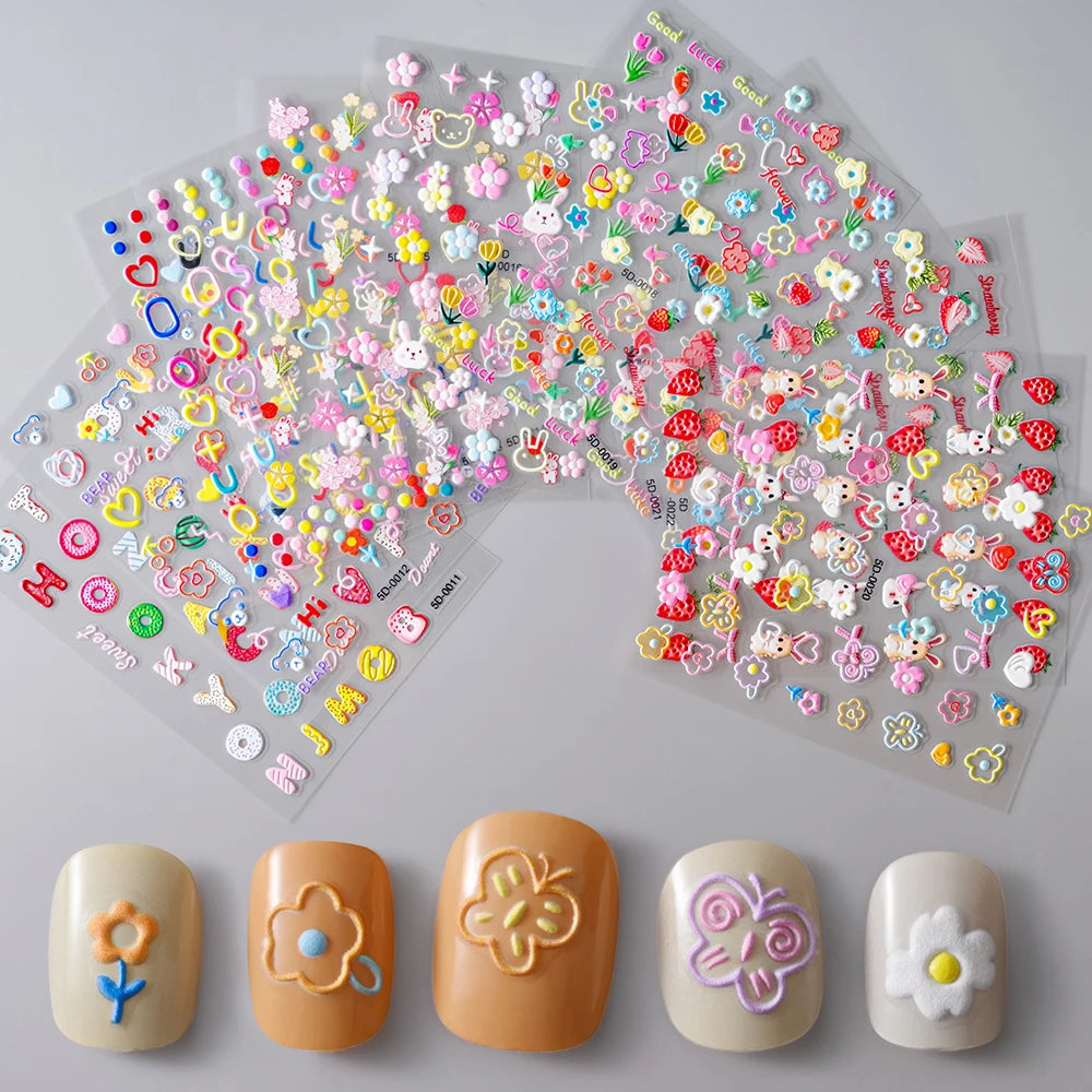 1Pc 5D Geprägte Kawaii Floral Schmetterling Nagel Aufkleber 3D Cartoon Bogen Kaninchen Erdbeere Klebe Aufkleber Urlaub Nagel Sliders