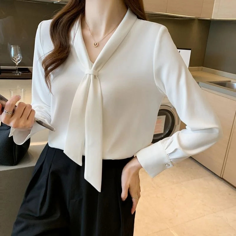 Frauen Frühling Sommer Stil Blusen Shirts Dame Casual Langarm Fliege Kragen Weiße Farbe Blusen Shirts DF4989