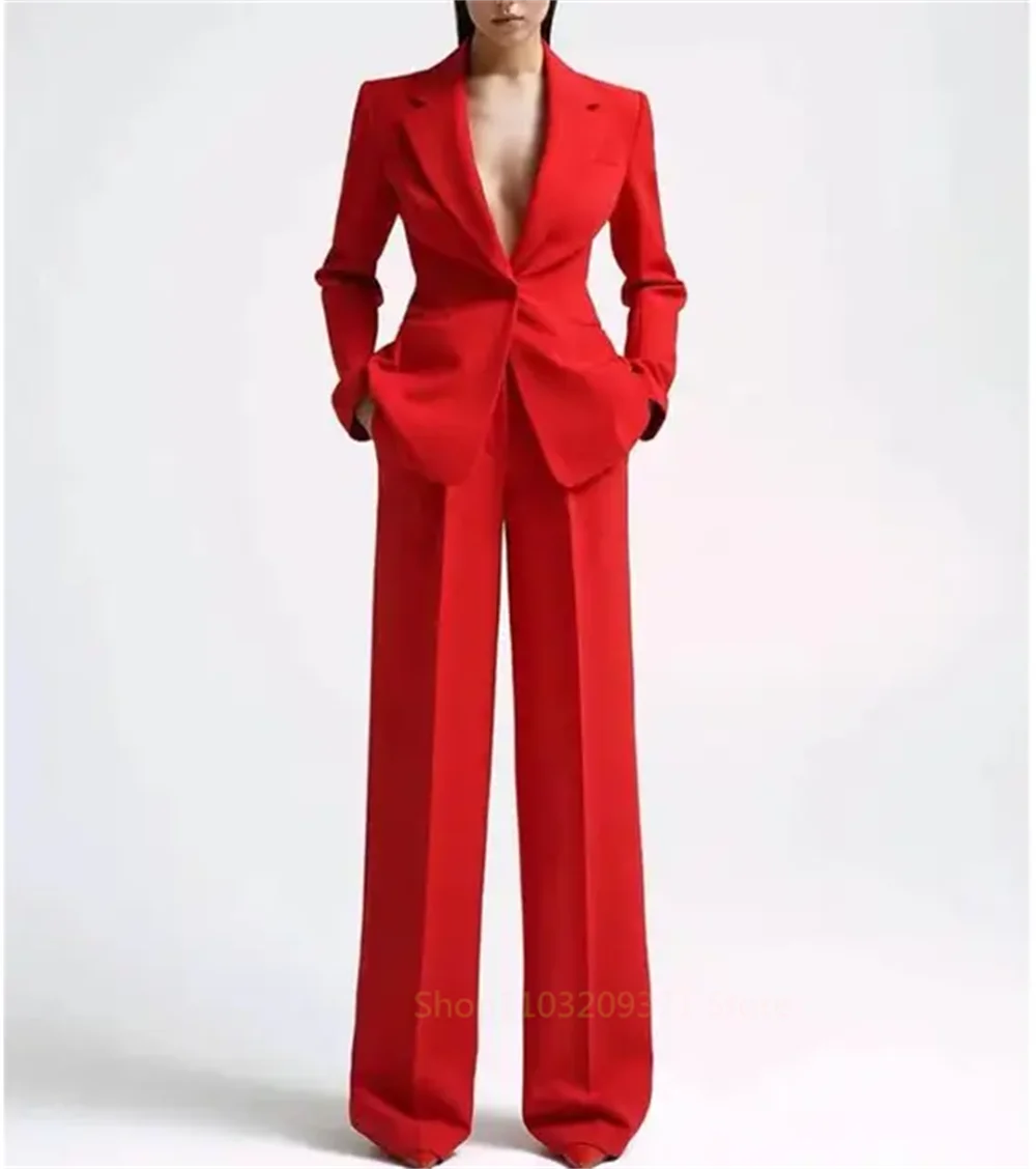 Schwarzer Blazer mit einem Knopf + Anzug mit weitem Bein für Damen, einfarbig, V-Ausschnitt, lockerer, lässiger Hosenanzug für Damen, Conjunto Femininos
