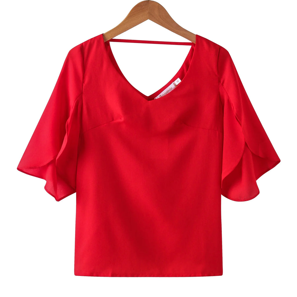 Frauen Chiffon Kurzarmhemd sexy V-Ausschnitt lose gekräuselte Chiffon Bluse.