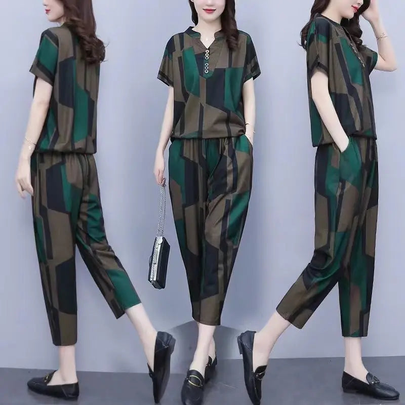 Frauen Casual Anzug 2025, Frühling Sommer Neue Mode Lose Koreanische Plus Größe Kleidung Kurzarm Tops Harun Hosen 2 Zwei Stück Set
