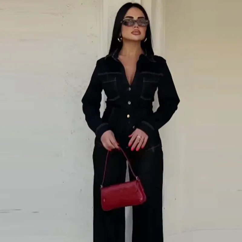 HXAO Schwarze Denim-Hosen-Sets für Damen, zweiteiliges Set, schmales Langarm-Shirt, 2-teiliges Set, Damen-Outfit, ausgestelltes Hosen-Set mit hoher Taille