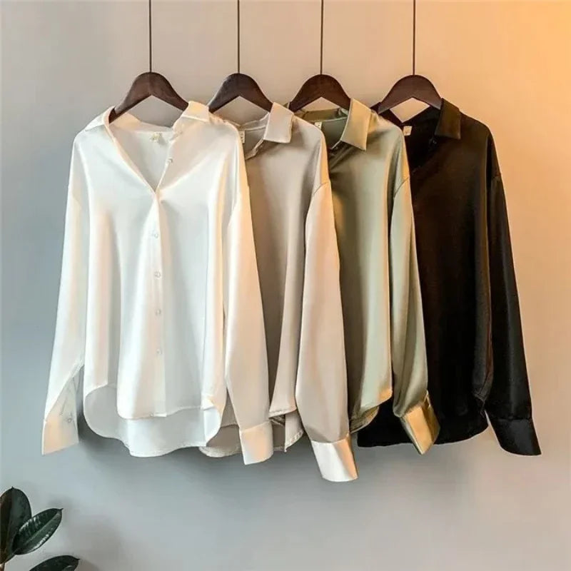 Herbst Umlegekragen Elegante Satin Lose Frauen Hemd 2026 Plus Größe Bluse Herbst Vintage Casual Taste Seide Tops