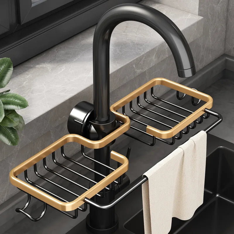 Küche Raum Aluminium Waschbecken Abfluss Rack Schwamm Lagerung Wasserhahn Halter Seife Abtropffläche Regal Korb Organizer Bad Zubehör