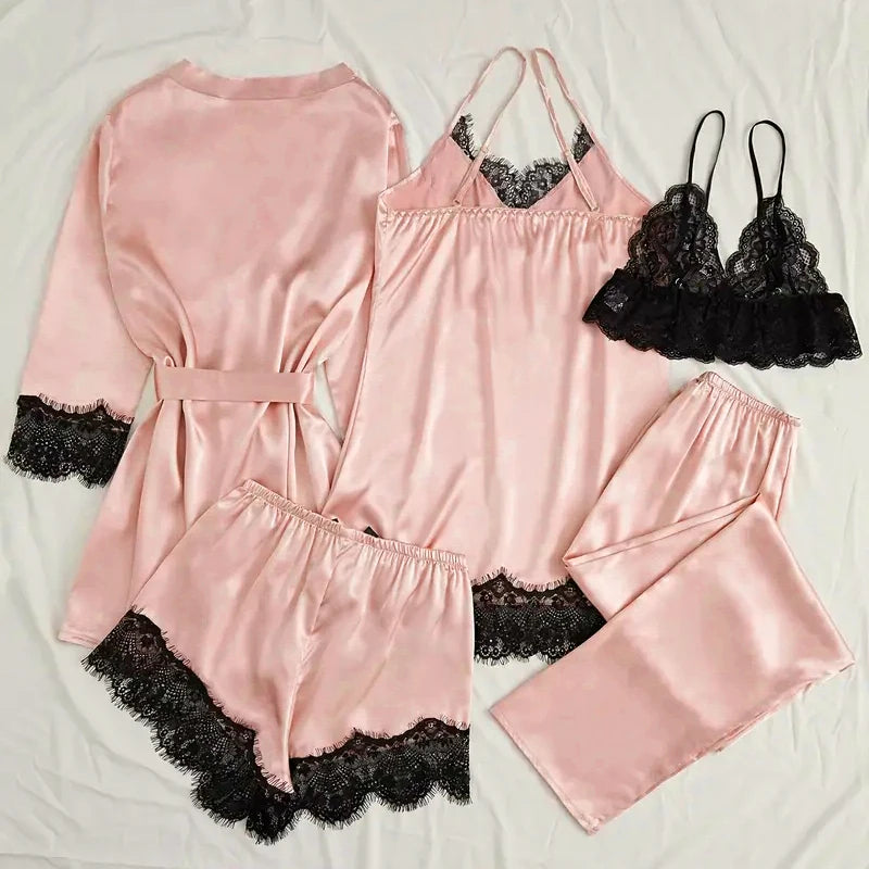 Damen Satin Nachtwäsche Pyjama Set Rosa Sexy Dessous Bademantel Spitze Patchwork Seide Nachtkleid Hose Home Bekleidet Nachtwäsche
